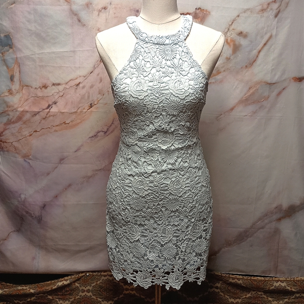 Lulus Love Poem Light Blue Lace‎ High Neck Mini Dress